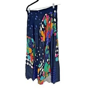 Vintage 90s Carole Little Boho Artsy Patchwork Black Stretch Skirt Maxi Indie